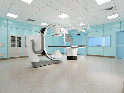 Modern Operating Room Interior With Blue Walls Advanced Medical Equipment And Surgical Lights 3d model