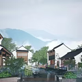 Traditional Ancient Architecture Courtyard With Slate Path Greenery Mountain View And Wooden Structures