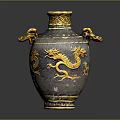 Traditional Chinese Vase With Golden Dragon Patterns And Twin Handles