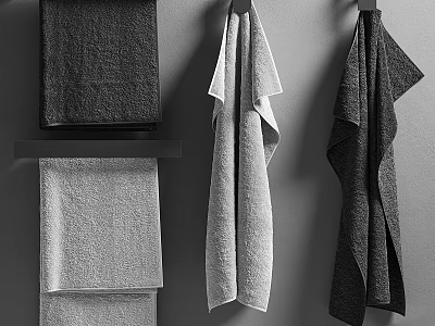 Minimalist Gray Tone Towels Hung And Stacked On Gray Wall 3d model