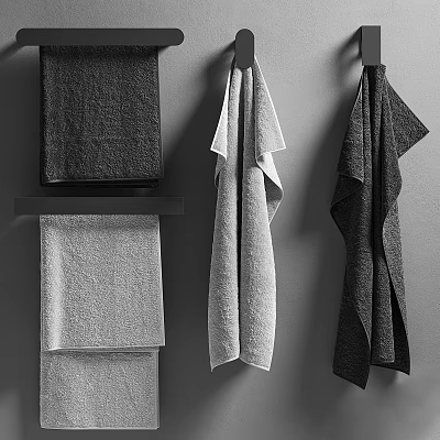 Minimalist Gray Tone Towels Hung And Stacked On Gray Wall 3d model
