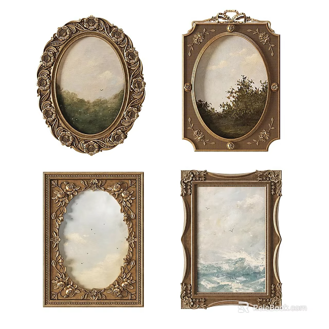 Various Oval Frame Paintings With Ornate Golden Frames And Natural Scenery 3d model 