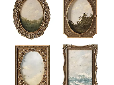 Various Oval Frame Paintings With Ornate Golden Frames And Natural Scenery 3d model