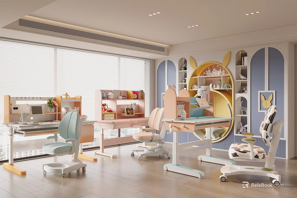 Colorful Kids Desk With Adjustable Chair And Storage Shelves In Bright Study Room 3d model 
