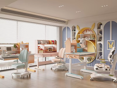 Colorful Kids Desk With Adjustable Chair And Storage Shelves In Bright Study Room 3d model