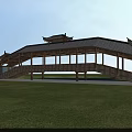 Traditional Chinese Corridor with Classic Curved Roof and Wooden Columns in Open Grassland