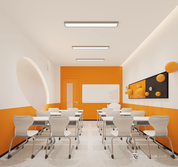 School Classroom With Orange White Walls White Desks Chairs Round Window Whiteboard And Wall Decorations 3d model 