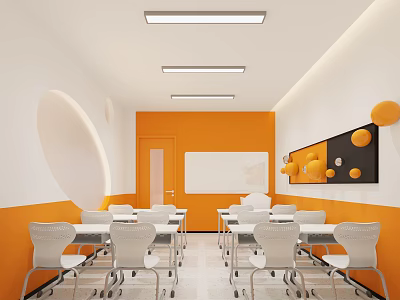 School Classroom With Orange White Walls White Desks Chairs Round Window Whiteboard And Wall Decorations 3d model