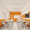 School Classroom With Orange White Walls White Desks Chairs Round Window Whiteboard And Wall Decorations