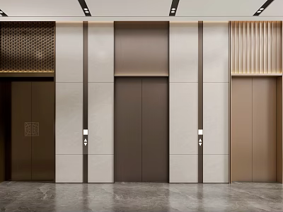 Modern Elevator Lobby Interior With Wooden Panel Metal Accents And Stone Walls 3d model