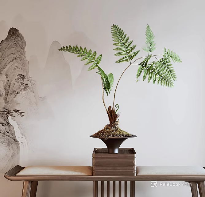 Elegant Fern Bonsai Plant in Dark Pot on Wooden Stand with Mountain Painting Background 3d model 