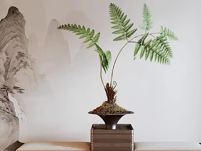 Elegant Fern Bonsai Plant in Dark Pot on Wooden Stand with Mountain Painting Background 3d model