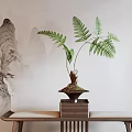 Elegant Fern Bonsai Plant in Dark Pot on Wooden Stand with Mountain Painting Background