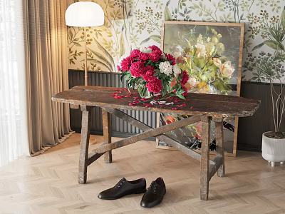 Floral Arrangement In Vase On Rustic Wooden Table With Floral Wallpaper And Decorative Painting 3d model