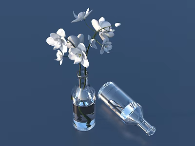 Bonsai Potted Plant With White Orchids Transparent Vase And Fallen Bottle On Dark Blue Background 3d model
