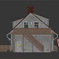 Cartoon House Scene With Red Roof White Walls Wooden Deck Staircase Bench And American Flag