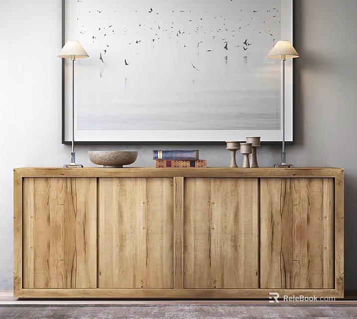 Modern Wooden TV Stand Interior With Framed Artwork Table Lamps And Decorative Items 3d model 