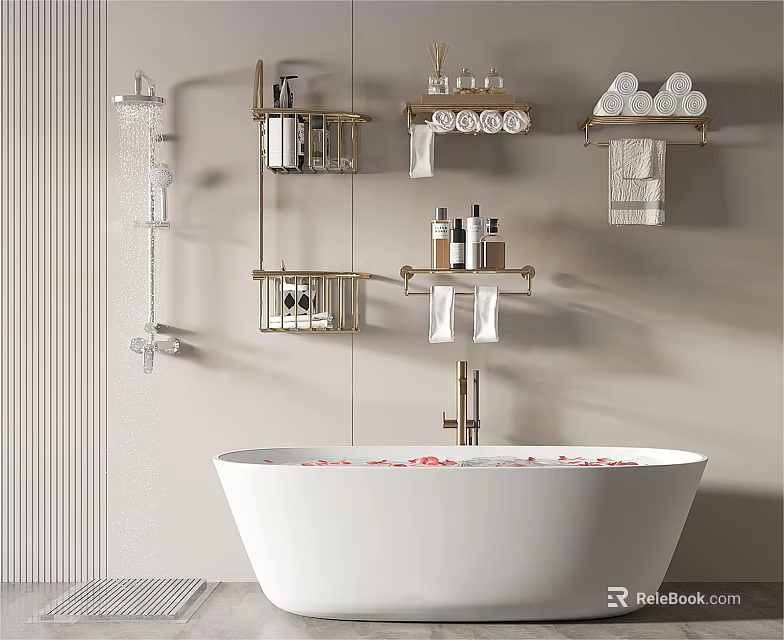 Freestanding White Bathtub with Flower Petals Golden Shelves and Towels in Modern Bathroom 3d model 