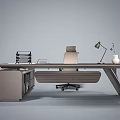 Modern Office Desk With Ergonomic Chair Table Lamp Vase And File Organizer