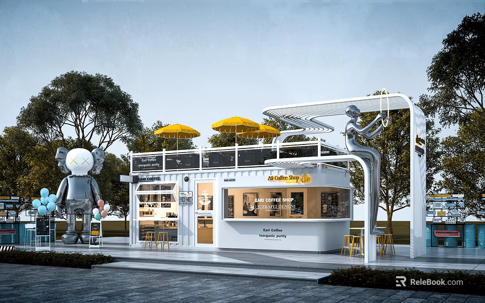 Modern Container Building Cafe With White Exterior Yellow Umbrellas And Outdoor Seating 3d model 