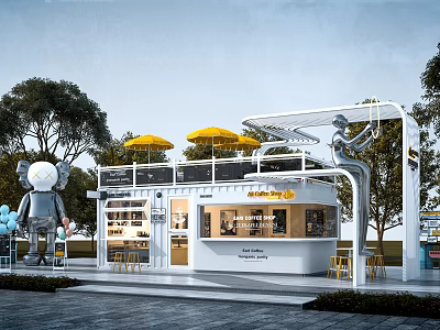 Modern Container Building Cafe With White Exterior Yellow Umbrellas And Outdoor Seating 3d model