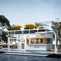 Modern Container Building Cafe With White Exterior Yellow Umbrellas And Outdoor Seating