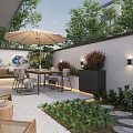 Stylish Outdoor Garden Decor in Walled Space with Umbrella Dining Set Wall Lights and Greenery