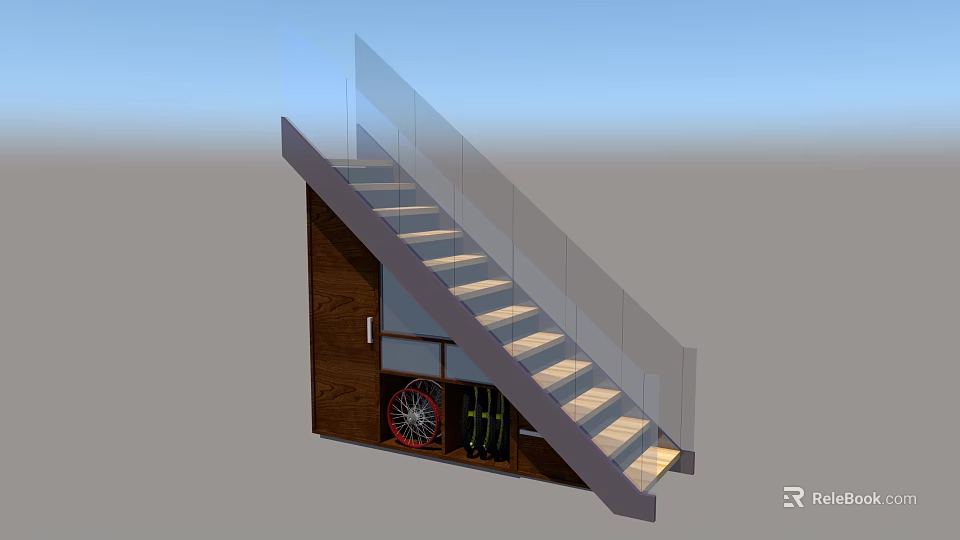 Modern Staircase with Glass Railing and Wooden Structure Illuminated Steps in Contemporary Home Design 3d model 
