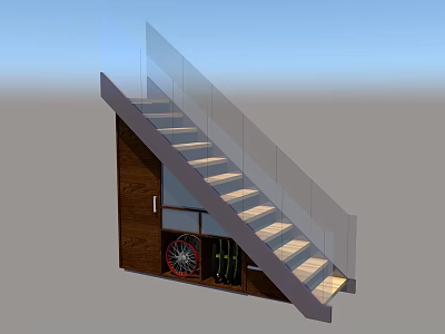 Modern Staircase with Glass Railing and Wooden Structure Illuminated Steps in Contemporary Home Design 3d model