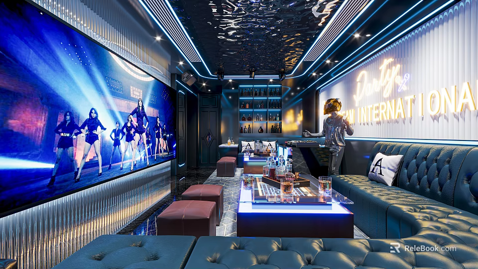 Luxury Modern KTV Interior With Large Screen And Sofas 3d model