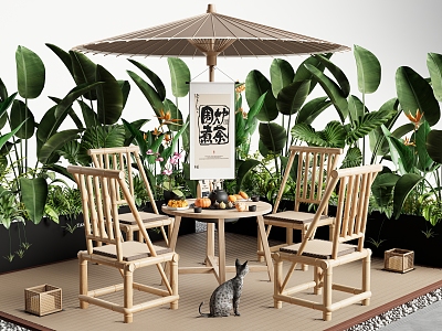 New Chinese Style Outdoor Table and Chair Bamboo Tea Table and Chair Outdoor Chair Furnace Tea Boiling Plant Flower Box 3d model