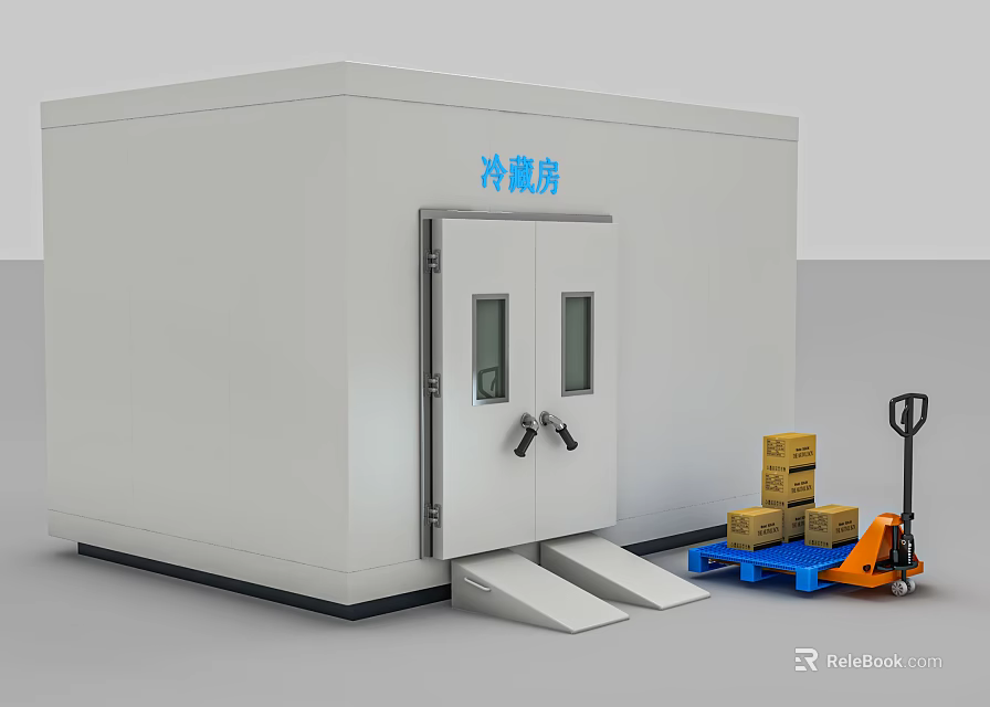 White Cold Storage Room With Double Doors Windows Pallet Jack And Cardboard Boxes 3d model 