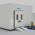 White Cold Storage Room With Double Doors Windows Pallet Jack And Cardboard Boxes 3d model