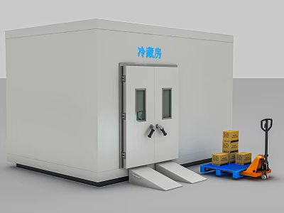 White Cold Storage Room With Double Doors Windows Pallet Jack And Cardboard Boxes 3d model