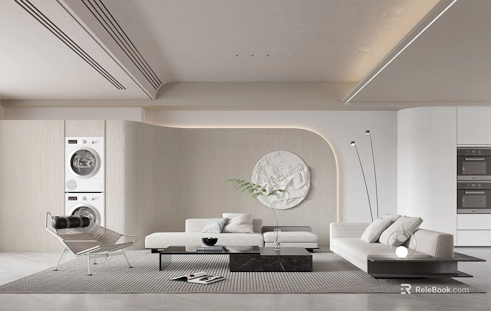 Modern Living Room Interior Design With Light Sofa Coffee Table And Circular Decorative Painting 3d model 