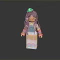 Cartoon Woman With Brown Hair Glasses Green Frog Hair Accessory Blue Overalls Colorful Striped Sleeves