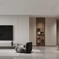 Minimalist Living Dining Room Interior With Beige Sofa Gray Accent Chair And Decorative Artworks