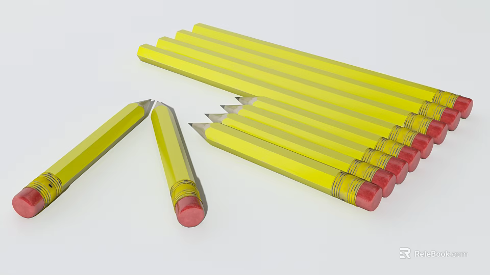 Yellow Pencils with Red Erasers Scattered and Neatly Arranged on White Background 3d model 