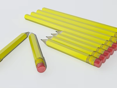 Yellow Pencils with Red Erasers Scattered and Neatly Arranged on White Background 3d model