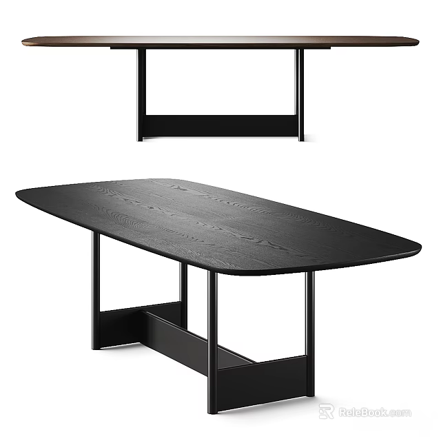 Modern Minimalist Dining Table With Oval Wooden Top And Black Metal Legs 3d model 