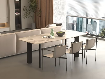 Modern Marble Top Dining Table With Light Upholstered Chairs In Living Room 3d model