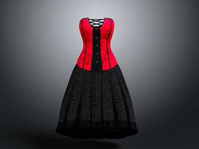 Elegant Red Corset Dress With Black Patterned Skirt And Lace Up Design 3d model