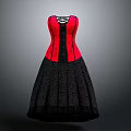 Elegant Red Corset Dress With Black Patterned Skirt And Lace Up Design