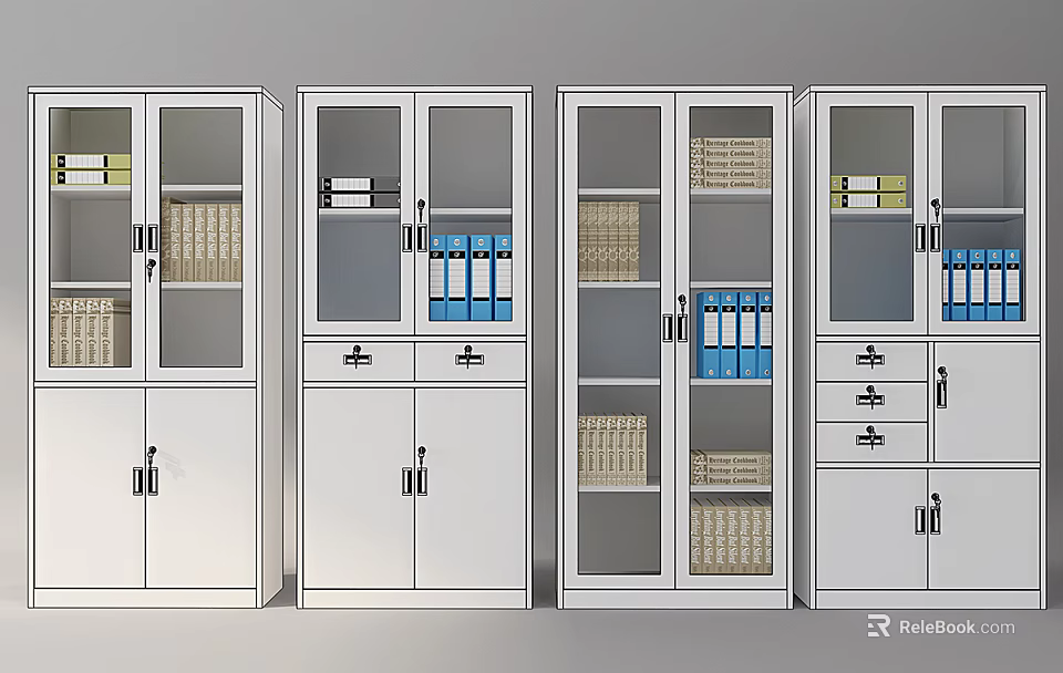 White Office Bookcases With Glass Doors File Folders And Wicker Baskets 3d model 