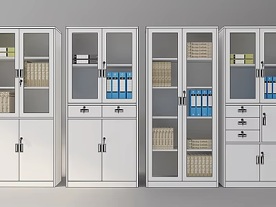 White Office Bookcases With Glass Doors File Folders And Wicker Baskets 3d model