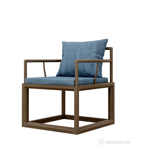 Wooden Frame Leisure Chair With Blue Fabric Cushion Backrest And Simple Design 3d model 