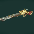 Vintage Flintlock Pistol with Golden Ornate Accents Red Leather Grip and Metallic Barrel Design