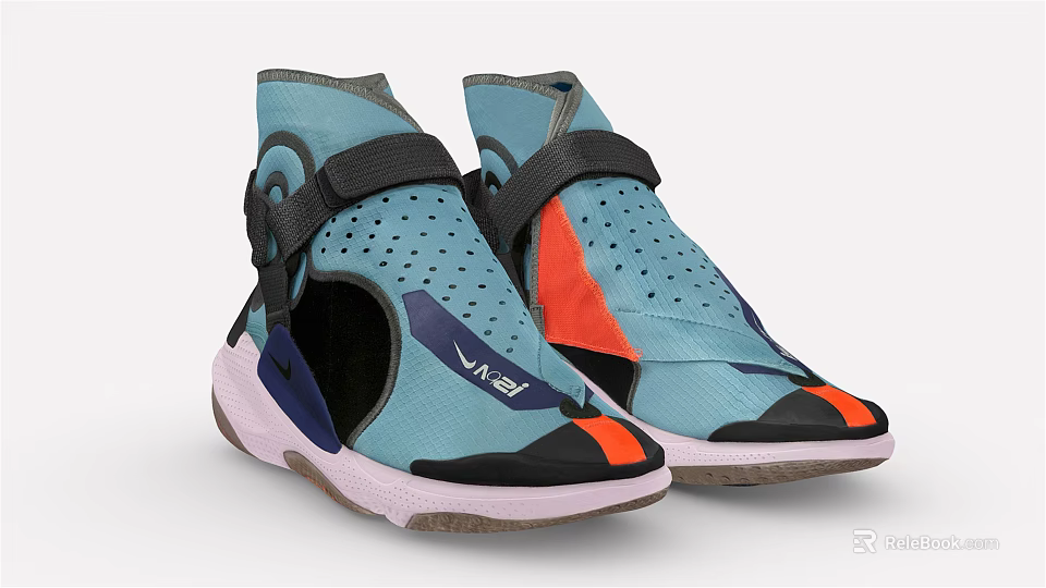 Light Blue High Top Shoes With Perforated Black Straps Orange Purple Accents And Pink White Soles 3d model 
