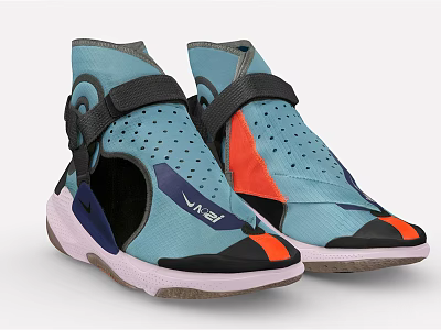 Light Blue High Top Shoes With Perforated Black Straps Orange Purple Accents And Pink White Soles 3d model