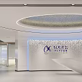 Modern Public Office Space with Curved Reception Desk Perforated Backdrop Wall and Circular Ceiling Lighting
